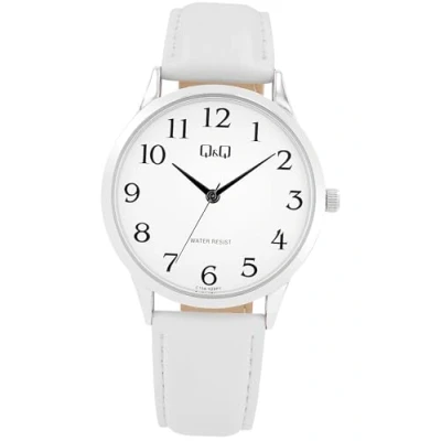 Afbeelding van Q&amp;Q C10A 030PY Horloge Analoog Unisex Leren band Rond Metaal Cijfers Wit Zilverkleurig