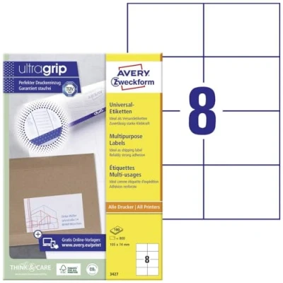 Afbeelding van Avery Zweckform 3427, Universele Etiketten, Ultragrip, Wit, 100 Vel, 8 Per 105 X 74 Mm Etiket