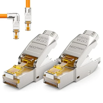 Afbeelding van deleyCON 2 x CAT 6a RJ45 netwerkstekker 90 hoek zonder gereedschap 10 Gbit/s afgeschermd voor stijve installatiekabels ruwe kabel Ethernet LAN patchkabel