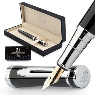 Afbeelding van Wordsworth &amp; Black Set van 24 vulpennen met gebogen penpunt, inclusief zuigerconverter en geschenkdoos, chroom, kalligrafie, chroom/zwart