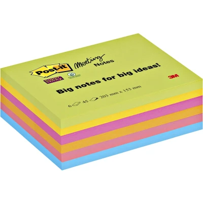 Afbeelding van Post it Super Sticky Meeting notes, 45 vel, ft 203 x 153 mm, geassorteerde kleuren, pak van 6 blokken memoblok
