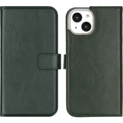 Afbeelding van Selencia Hoesje Geschikt voor iPhone 14 Met Pasjeshouder Echt Lederen Bookcase Groen