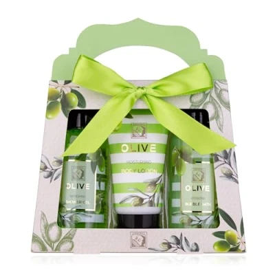Afbeelding van Accentra Olive doucheset voor dames in mooie geschenkdoos 3 delige verzorgingsset met douchegel, bodylotion en schuimbad Wellness de