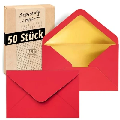 Afbeelding van Japun enveloppen (50 stuks), envelop, envelop zonder venster DIN C6 162 x 114 mm binnenkant: goud papierkleur: rood