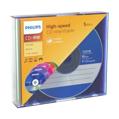 Image de Philips CD RW vierge haute vitesse (700 Mo/80 minutes, 4 12x, 5 pièces colorées, étui fin et réutilisable)