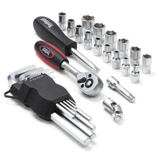 Afbeelding van Gereedschapsset Toolland 28 delig (Ratelschroevendraaier, 1/4&quot; doppen, Inbus, Verlengstuk)
