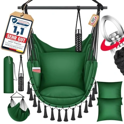 Afbeelding van KESSER® Safari hangstoel met 2 kussens, bekerhouders en boekenvak, XXL voor volwassenen kinderen, hangmat tot 150 kg, hangstoel, ophanging, binnen buiten, woonkamer tuin, terras, groen