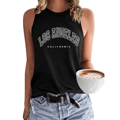 Afbeelding van WNEEDU Mouwloze zomertanktop voor dames, ronde hals, Zwart Los Angeles, M