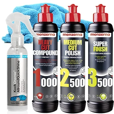 Afbeelding van detailmate Menzerna Polijstset voor de auto, 250 ml: Heavy Cut Compound 1000 + Medium Polish 2500 Super Finish 3500 Koch Chemie AllroundQuickShine 140 ml microvezeldoek 550 g/m².