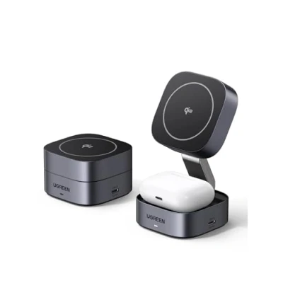 Afbeelding van UGREEN MagFlow Qi2 15 W gecertificeerde draadloze oplader, compatibel met MagSafe 2 in 1, snellader, magnetisch, verstelbaar, iPhone 16 Plus Pro Max 14 13 12 Mini AirPods 3