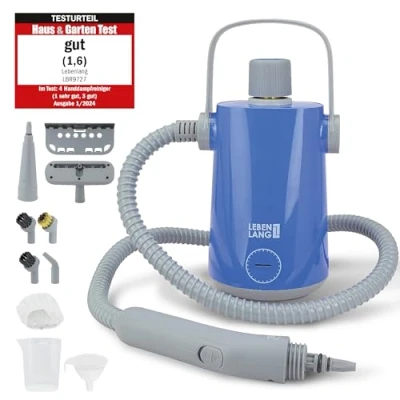 Afbeelding van LEBENLANG handmatige elektrische stoomreiniger, 1000 W en 300 ml + 10 accessoires, heteluchtreiniger, voor badkamer, tegels voegen