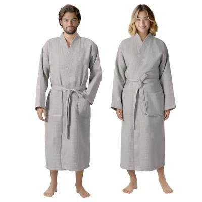 Afbeelding van HOMELEVEL Piqué Badjas Reizen 100% katoen voor Vrouwen en Mannen aankleden toga Kimono Saunarobe Piquee Wafel Grijs Maat 5XL