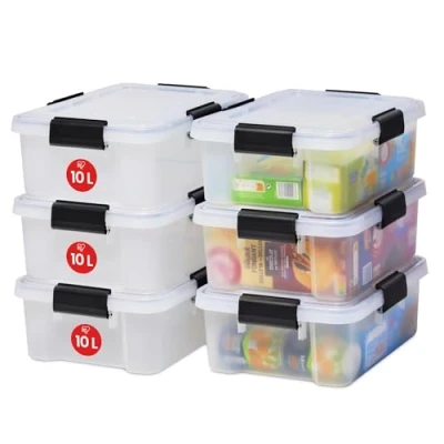 Afbeelding van Iris Ohyama, Luchtdichte opbergdoos, 10 l, 6 stuks, transparant, deksel met waterdichte afdichting, 4 sluitclips, stapelbaar, voor buiten, garage, kleding, stofdicht, BPA vrij, AT S