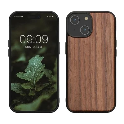 Afbeelding van kwmobile telefoonhoesje geschikt voor iPhone 15 Hoesje met bumper in donkerbruin Backcover walnoothout