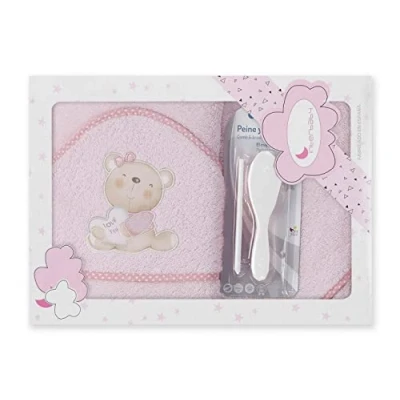 Afbeelding van Interbaby Badcape 400 g/m² katoen badstof + borstel/kam model Love You roze 100 x cm