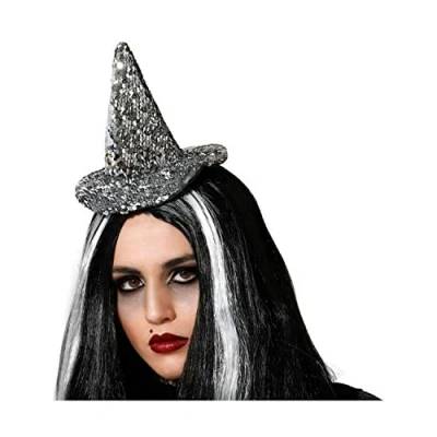 Afbeelding van Halloween heksenhoed mini hoedje op diadeem one size zilver glitter meisjes/dames