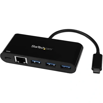 Image de StarTech.com 3 Port USB C Hub with Gigabit Ethernet &amp; 60W Power Delivery Passthrough Laptop Charging to 3x A (USB 3.0 SuperSpeed 5Gbps) 3.1/USB 3.2 Gen 1 Type Adapter Windows/macOS/Linux (HB30C3AGEPD) Concentrateur (hub) x Su