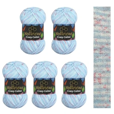Afbeelding van Wollbiene Crazy Cotton Batik 5 x 100 g, 500 gram met kleurverloop, 55% katoen, meerkleurig, breiwol voor haken alle seizoenen (6070 kleur lila lichtblauw)
