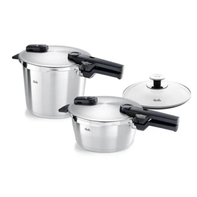 Afbeelding van Fissler Vitaquick Premium / set van 2 snelkookpannen (2 met metalen deksel 3,5 l + 6 liter, 1 extra glazen deksel) inductie