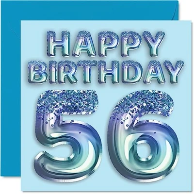 Afbeelding van Verjaardagskaart voor heren 56e verjaardag blauwe glitterfeestballon verjaardagskaarten mannen van 56 jaar, oom, opa,
