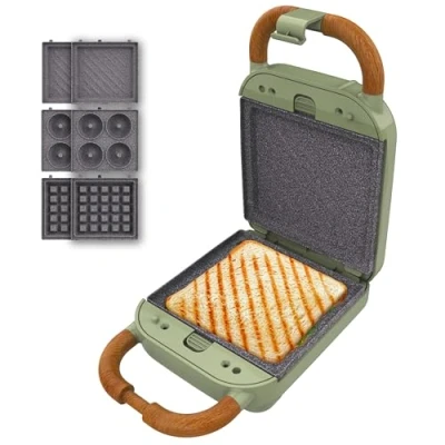 Afbeelding van Cecotec Rock&#039;nToast Retro One Green Sandwichmaker. sandwichmachine, 700 W, 3 verwisselbare platen voor sandwiches, wafels en donuts, RockStone coating, antislip onderkant