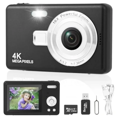 Afbeelding van digitale camera met 32 GB kaart, draagbare camera, 1080p HD compacte 40 MP 8 x zoom voor tieners, beginners (zwart)