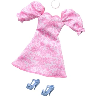 Afbeelding van Barbie Kleding Outfit en Accessoires Roze Jurk met Blauwe Hakken Ketting