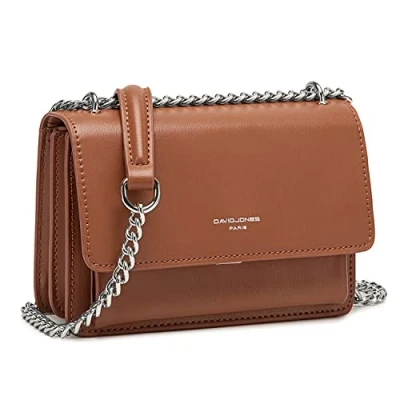 Afbeelding van David Jones Kleine schoudertas voor dames mini telefoontasje van hard PU leer handtas met kettingen schouders rechthoekige tas, avondtas, winkelen, in de stad, trendy, Cognac bruin