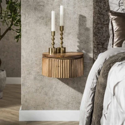 Afbeelding van Hoyz Collection Nachtkastje Wave Rond Zwevend 1 Lade XS Massief Mango Zandkleur