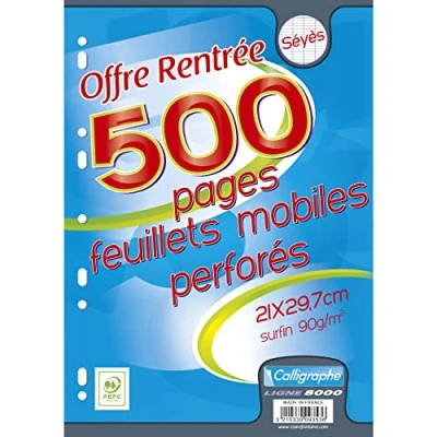 Afbeelding van Clairefontaine ES 9353C schoolserie, 1 verpakking losse vellen, DIN A4, 21 x 29,7 cm, 500 grote vierkante pagina&#039;s, wit papier 90 g, voor mappen van 32 26 minimaal