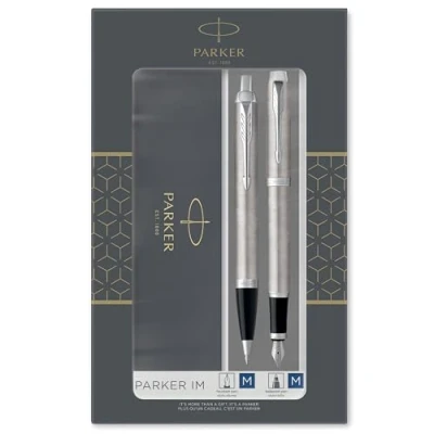 Image de Parker IM Duo coffret cadeau avec stylo bille et plume Acier inoxydable attributs chromés recharge cartouche d’encre bleue