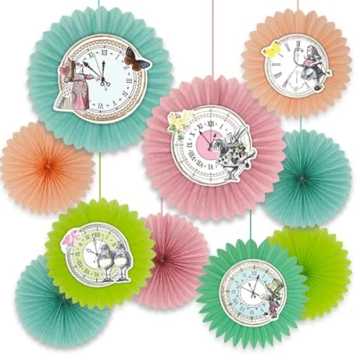 Afbeelding van Talking Tables 10 x Alice in Wonderland Curious Clock Fans Paper Hanging Decoration for Kids Birthdays, Mad Hatter Tea Party, Onederland, Baby Shower