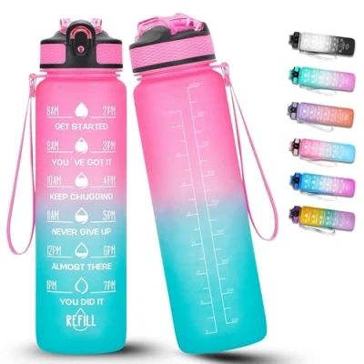 Afbeelding van Sportfles, 600 ml, BPA vrij, lekvrij, met tijdmarkering voor fitness, roze, lichtblauw, 1000 ml