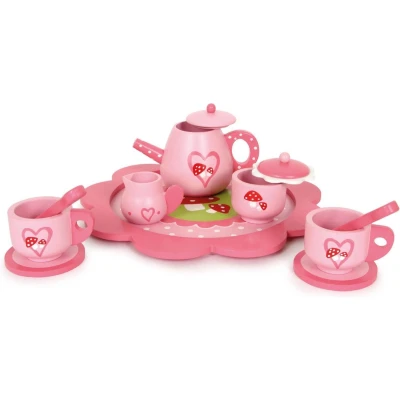 Afbeelding van Playwood Houten thee serviesje met paddestoel motief 12 delig speelgoed servies
