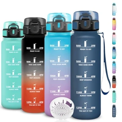 Image de drinkfles voor sportschool, 1 liter, waterfles zonder lekkage, motiverende drinkfles, gemakkelijk mee te nemen, met tijdschema&#039;s om drinken, reinigen, camping, fitness