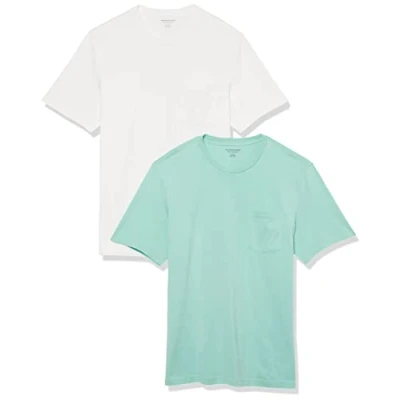 Image de Amazon Essentials Lot de 2 t shirts à manches courtes et col rond pour homme, coupe classique, vert aquatique/blanc, taille S