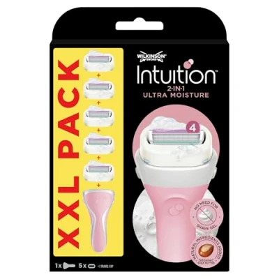 Afbeelding van Wilkinson Sword Intuition Ultra Moisture Scheerapparaat, verpakking met 4 mesjes, hydraterende zeep, sheaboter, roze, 5 navulverpakkingen