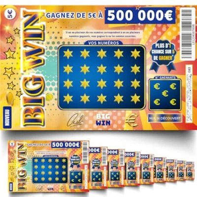 Afbeelding van NOZHAM Set van 10 Valse kraskaarten BIG Win winst 50.000 Grap Prank Werkelijke grootte (15 cm x 9,5 cm) Winnaarsticket