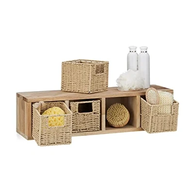 Afbeelding van Relaxdays wandrek walnotenhout open kast met manden 4 vakken wandmontage opbergrek