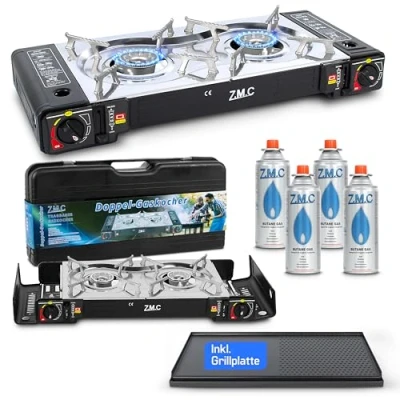 Afbeelding van Z.M.C Campinggasfornuis, 2 pits, met adapter voor lpg aansluiting + kookplaat van 45 x 24 cm 4 gaspatronen 227 g, campingkooktoestel piëzo ontsteking gebruik buiten en binnen