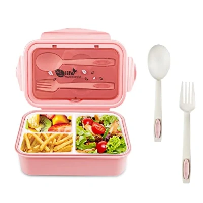 Afbeelding van Newpop lunchbox met 3 vakken en lepel, vork, 1400 ml, bento waterdicht, BPA vrij, voor magnetron vaatwasser volwassenen, kinderen, schoolwerk, roze