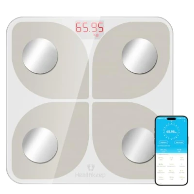 Afbeelding van Healthkeep personenweegschaal, verbonden weegschaal, Bluetooth, impedantiemeter, hoge precisie, met 13 lichaamsmetingen, app voor Android en iOS, capaciteit 180 kg/400