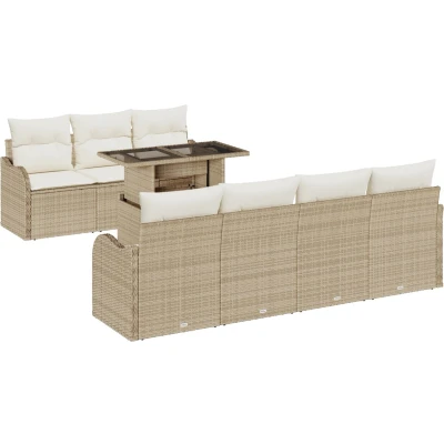 Afbeelding van vidaXL 8 delige tuinbankset met kussens Beige Poly Rattan, 2 zits tuinbank opslag en Rattan