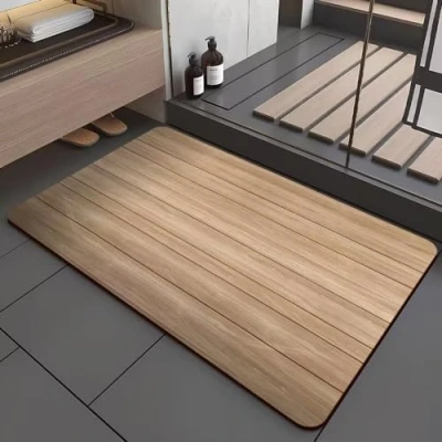 Afbeelding van Badmat 60 x 90 cm van hout super absorberend en antislip, badkamermat, sneldrogende diatomeeënsteen badmat, buitendouchemat,