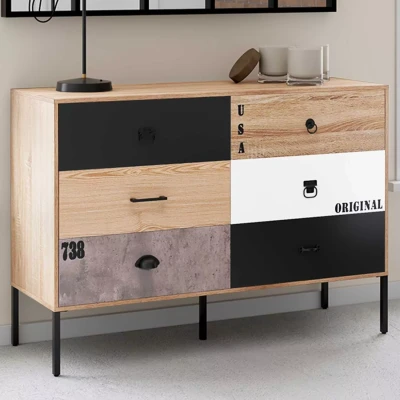Afbeelding van Commode 6 tiroirs SACRAMENTO 115 cm design industriel dépareillé