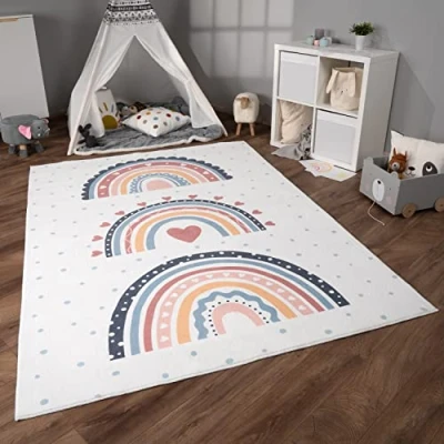 Afbeelding van Paco Home Kindertapijt Kinderen Vloerkleed Kinderkamer Antislip Regenboog Hart Stippen 160x220 cm