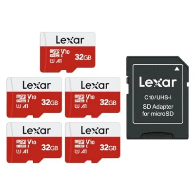 Afbeelding van Lexar micro SD kaart van 32 GB, 5 stuks geheugenkaarten met adapter, tot 100 MB/s leessnelheid, UHS I, U1, A1, V10, C10, microSDHC geheugenkaart