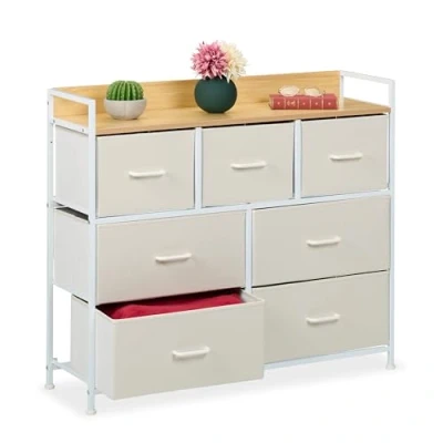 Afbeelding van Relaxdays ladekast 85 x 100 30,5 cm 7 lades metaal stof slaapkamer beige wit