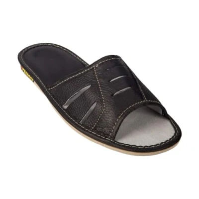 Afbeelding van APREGGIO Pantoffels voor heren, 100% leer, handgemaakt, zwart, stevige zool, comfortabel, zacht, zwart.