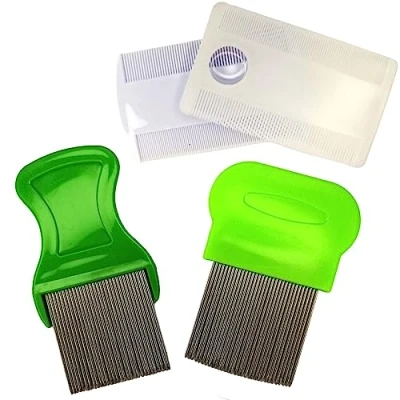 Image de Peigne anti poux &amp; lentes pour cheveux des enfant et adulte. 2 peignes à métal en acier inoxydable peignes, double face, plastique avec dents très fines. Lot de 4 pcs Traitement efficace